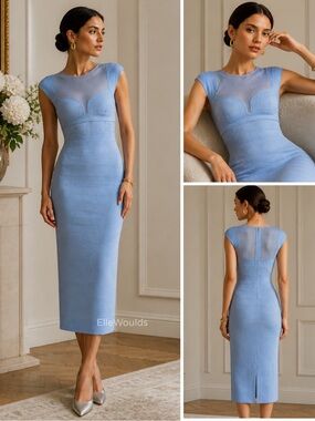 Hervé Léger Blue Bandage Bodycon Gown Sheer Bustier Formal Evening Dress Size L
